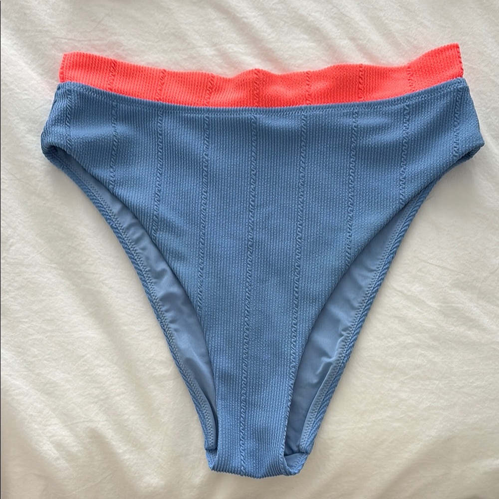 Aerie Jacquard Blue and Coral High-Waisted Bikini Bottom